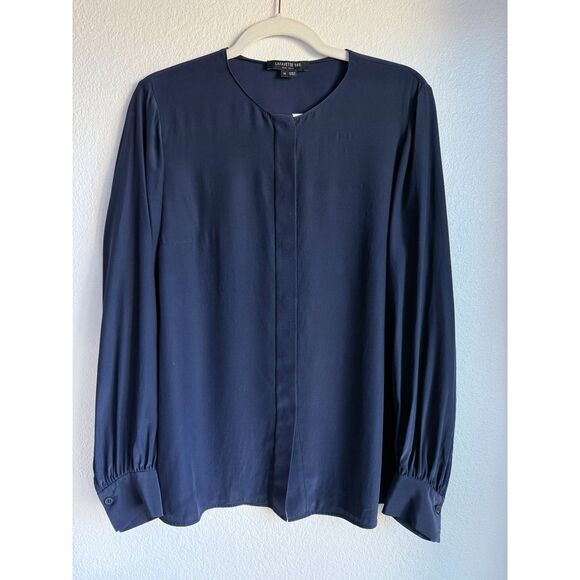 Lafayette 148 100% Silk Collarless Hidden Button Blouse in Royal Navy Size M - Picture 3 of 12